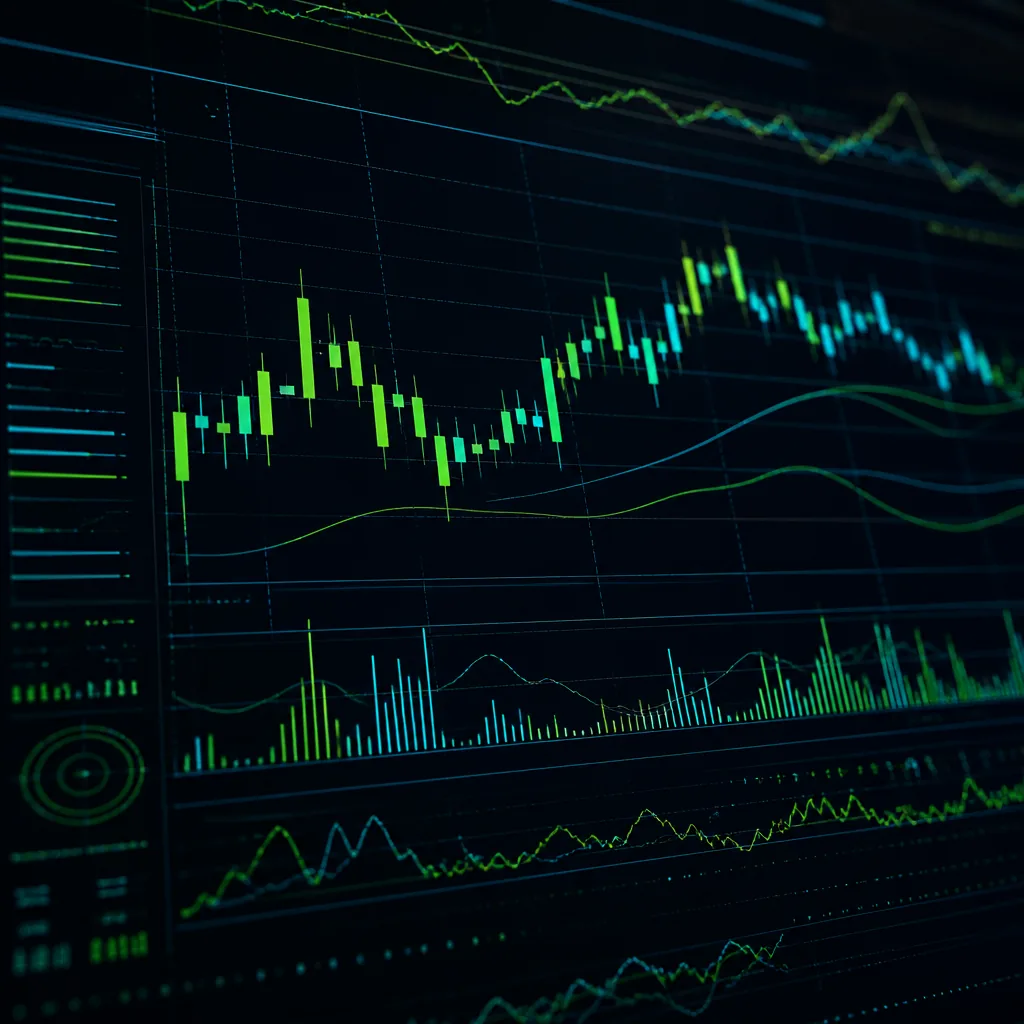 Abstract dark market chart with lime and cyan candlestick bars over a fine data grid